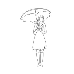 Continuous line single hand drawn girl in a dress with an umbrella