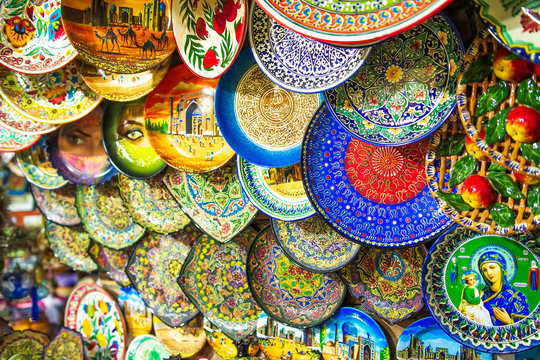 Ceramic dishes at a market in Samarkand. Souvenir shop in Uzbekistan.