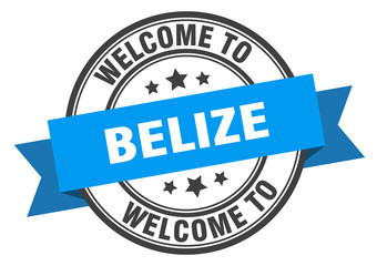 Belize stamp. welcome to Belize blue sign