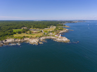 Portland Head Lighthouse aerial view in summer, Cape Elizabeth, Maine, ME, USA. This lighthouse was built in 1791, and is the oldest lighthouse in Maine.
