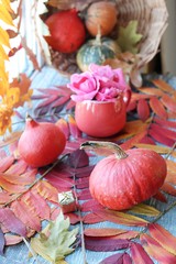 Autumn composition of pumpkins, fresh roses in a cup, leaves on a windowsill, Thanksgiving, greetings