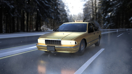 Fototapeta na wymiar Snow-covered yellow taxi rides through the winter snowy forest road. The concept of safe and comfortable trips to the suburbs. 3d rendering