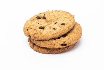 Cookies with chocolate chips on white background.