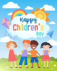 Obraz na płótnie Canvas Happy International Children's Day greeting card. Colored letters on a white cloud with cute children holding hands. Cartoon vector illustration