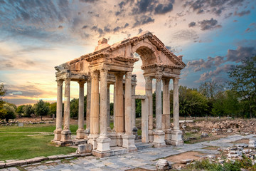 Fototapeta na wymiar Sunset at Afrodisias ruins or Aphrodisias Ancient City in Karacasu Town, Aydin, Turkey