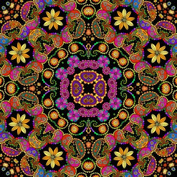 Bright colorful seamless pattern with floral and paisley ornament in ethnic style.