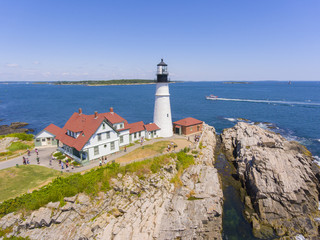 Portland Head Lighthouse aerial view in summer, Cape Elizabeth, Maine, ME, USA. This lighthouse was built in 1791, and is the oldest lighthouse in Maine.