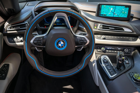 BERLIN - JUNE 09, 2018: Showroom. Interior of a plug-in hybrid sports car BMW i8 Roadster.
