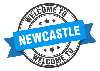 Newcastle stamp. welcome to Newcastle blue sign