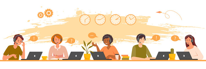 Call center concept. Smiling office workers with headsets, cartoon characters. Customer support department staff, telemarketing agents. Multiethnic team. Flat vector illustrations