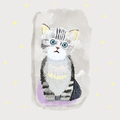 Cute little kitten digital pencil drawing, white-gray-black little cat looking for his friend or master, for cards, greetings, children s magazines, t-shirts or books