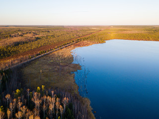 Road through the green forest from above. Taiga forest from aerial view. Vasyugan swamp. Oil reserves transportation. 