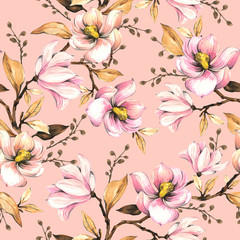 Obraz na płótnie Canvas Seamless pattern with magnolias. Floral illustration . Hand drawing, watercolor. Design wallpaper, fabric and packaging