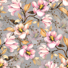 Seamless pattern with magnolias. Floral illustration . Hand drawing, watercolor.  Design wallpaper, fabric and packaging