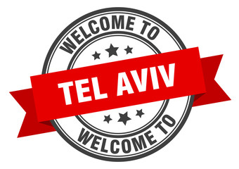 Tel Aviv stamp. welcome to Tel Aviv red sign