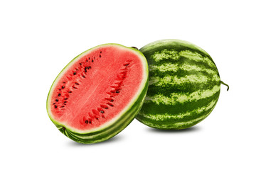 Green, striped watermelon with half isolated on white with copy space for text, images. Cross-section. Berry with pink flesh, black seeds. Close-up.