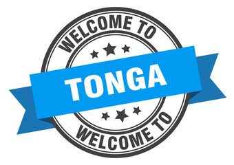 Tonga stamp. welcome to Tonga blue sign