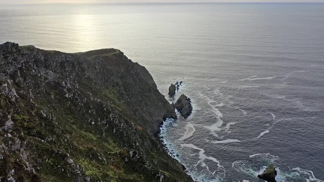 Aerial of Slieve League Cliffs are among the highest sea cliffs in Europe rising 1972 feet or 601 meters above the Atlantic Ocean - County Donegal, Ireland