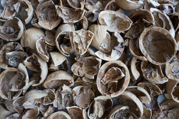 Walnut shells on the table as background