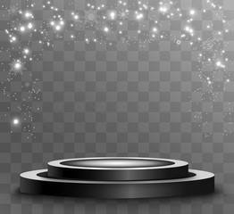 Round podium, pedestal or platform, illuminated by spotlights in the background. Vector illustration. Bright light. Light from above. Advertising place