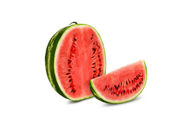 Green, striped watermelon with slice isolated on white, copy space for text, images. Cross-section. Berry with pink flesh, black seeds. Close-up.