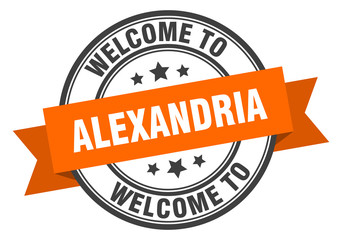 Alexandria stamp. welcome to Alexandria orange sign