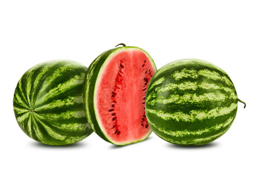 Two green, striped watermelons isolated on white with copy space for text, images. Cross-section. Berry with pink flesh, black seeds. Close-up.