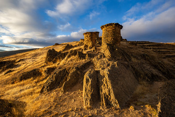 Funerary towers (old graves) in Ninamarka archaeological zone. Cusco, Peru.