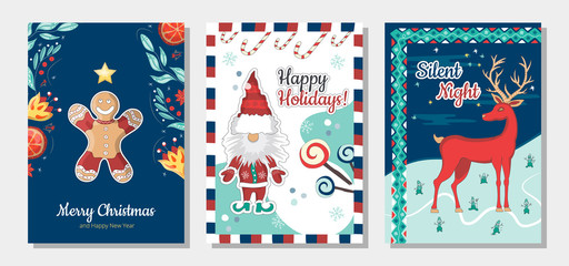Set of Christmas and Happy New Year greeting cards with hand drawn decorative elements. Trendy vintage concept.