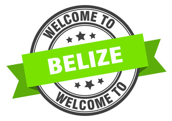 Belize stamp. welcome to Belize green sign