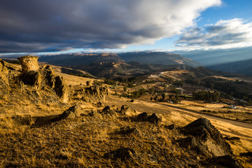 Fototapeta premium Funerary towers (old graves) in Ninamarka archaeological zone. Cusco, Peru.