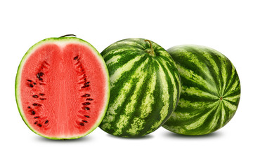 Two green, striped watermelons isolated on white with copy space for text, images. Cross-section. Berry with pink flesh, black seeds. Close-up.