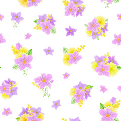 Watercolor drawing of wild meadow flowers, buds, inflorescences and leaves. Summer design. Design wallpaper, textiles, packaging, packaging paper, fabric. Seamless pattern.