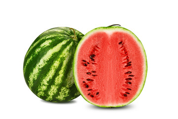 Green, striped watermelon with half isolated on white with copy space for text, images. Cross-section. Berry with pink flesh, black seeds. Close-up.