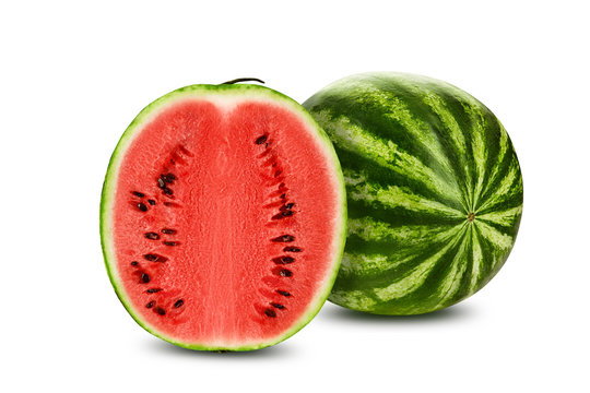 Green, striped watermelon with half isolated on white with copy space for text, images. Cross-section. Berry with pink flesh, black seeds. Close-up.