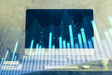 Forex market chart hologram and personal computer background. Double exposure. Concept of investment.