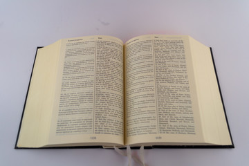 Books and pages against white background. Holly Bible and Davids psalms. Close up words and letters