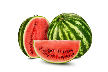 Green, striped watermelon isolated on white with copy space for text, images. Cross-section. Berry with pink flesh, black seeds. Side view. Close-up.
