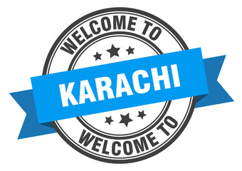 Karachi stamp. welcome to Karachi blue sign