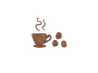 A cup of hot coffee with coffee beans are made from brown plasticine clay on white background, delicious caffeine drink dough