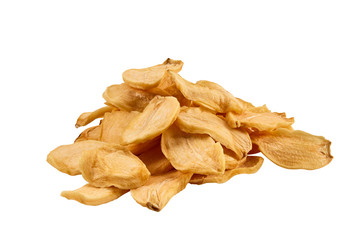 Sliced garlic isolated on white background with copy space for text or images. Spices and herbs. Packaging concept. Close-up.