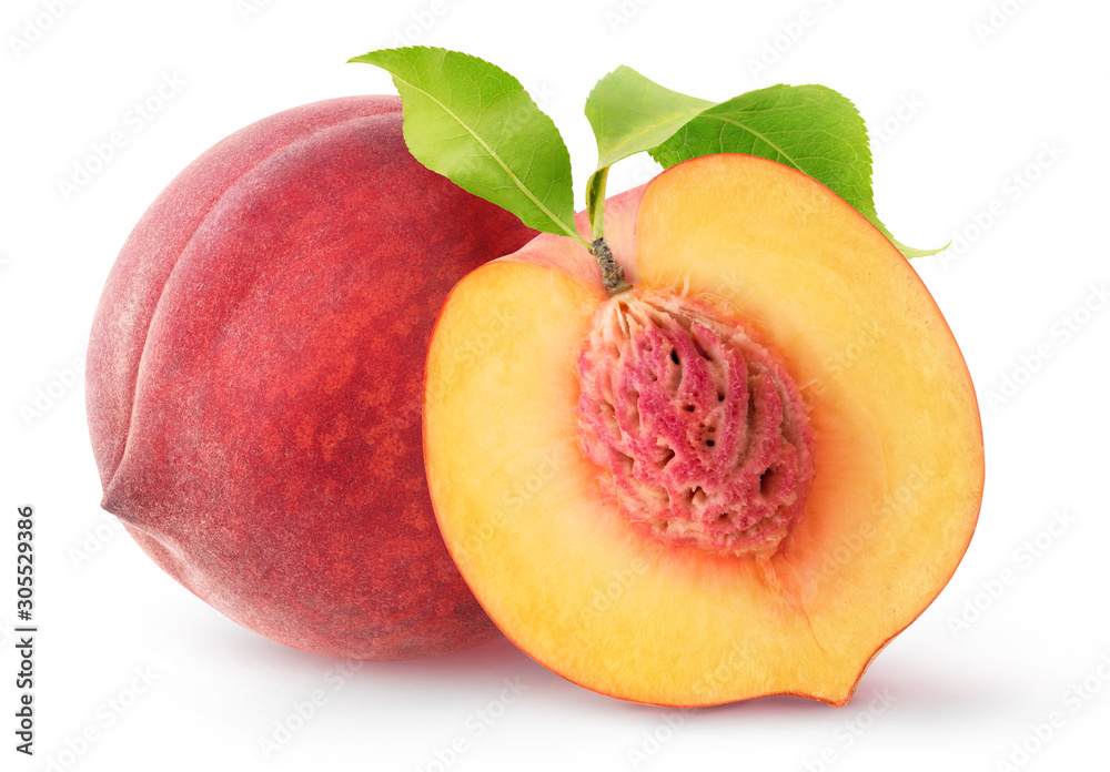 Fototapete isolated peach fruits. one whole fresh peach and a half with kernel and leaves isolated on white bac
