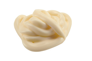 Mayonnaise isolated on white background with copy space for text or images. Spices and sauces. Close-up shot, top view.