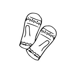 Knitted mittens ink hand drawn sketch, winter holiday design element black outline icon on white