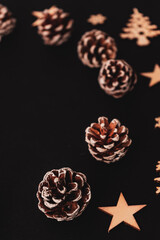 wooden winter elements, pine cone isolated on black background, beautiful christmas decoration