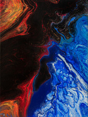 abstract blue and red acrylic pouring painting on canvas.good for background, texture and decoration