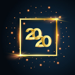 New Year 2020 square gold glitters on blue background, vector