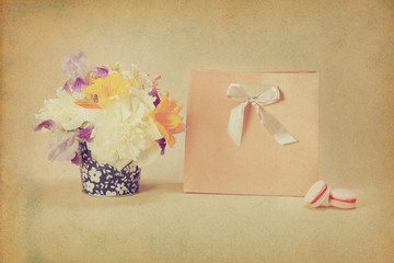 Vintage gift package, flowers and macaroons