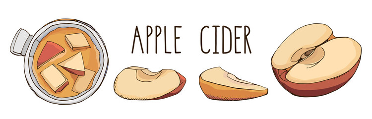 Set of hand drawn vector elements in orange red and blue colors isolated on white background. Apple cider and fruit slices. Popular winter beverage. Christmas cocktail. Menu design. Modern lettering.