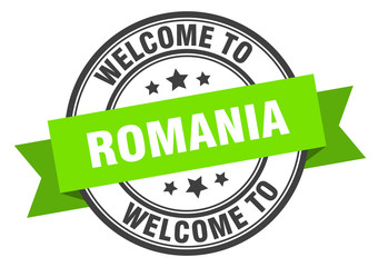 Romania stamp. welcome to Romania green sign